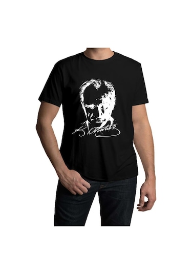 Atatürk Baskılı Beyaz - Siyah Tişört Atatürk Tişörtü Beyaz