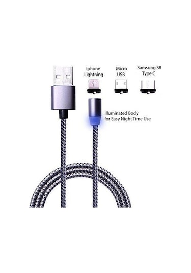 1 Metre Mıknatıslı 3 in 1 Manyetik Soket Şarj Kablosu