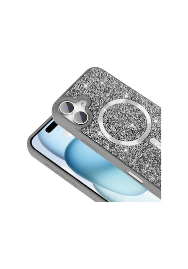Mobilteam İphone Uyumlu 16 Pro Kılıf Pırlanta Tasarımlı Magsafe Şarj Özellikli Mozaik Silikon Gri