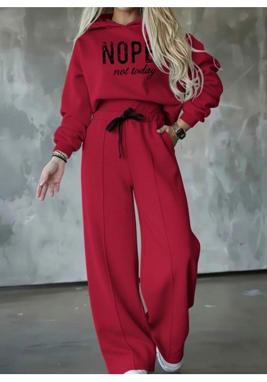 Tua Moda Kadın Uzun Kollu Nope Baskılı Beli Ribanalı Ikili Takım Kırmızı