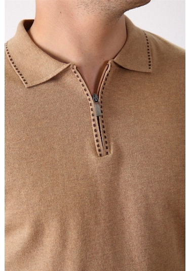 Ferraro Camel Polo Yaka Fermuarlı Erkek Pamuk Kazak Camel