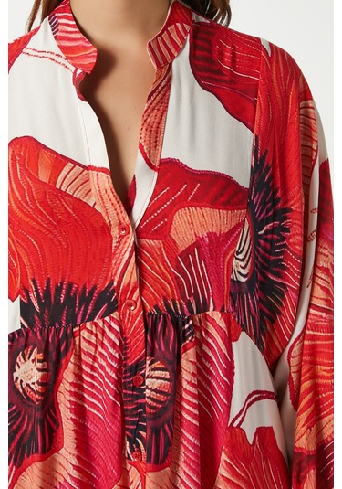 Modest Kadın Catina Kırmızı Çiçekli %100 Viskon Maksi Boy Yazlık Elbise Kırmızımercanekru Çok Renkli