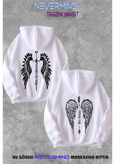 Sevgili Angel & Guardian Çift Kombini Baskılı Kapüşonlu Sweatshirt 2li Set Takım Beyaz