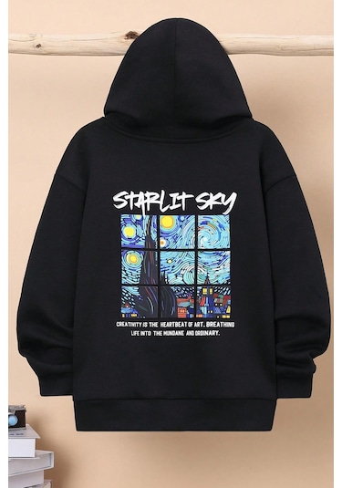 Starlit Sky Baskılı Erkek - Kız Çocuk Rahat Kalıp Sweatshirt Siyah