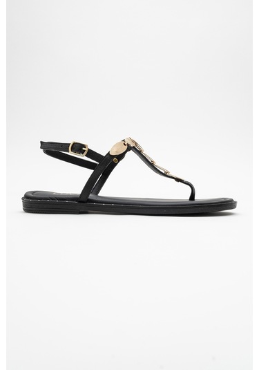 Marea Siyah Hakiki Deri Parmak Arası Gold Tokalı Kadın Sandalet Siyah
