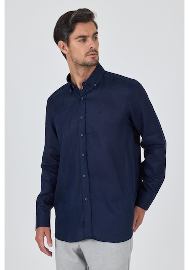 Uzun Kol Düz Keten Düğmeli Yaka Cepsiz Casual Comfort Fit Gömlek 1004250114 Koyu Lacivert