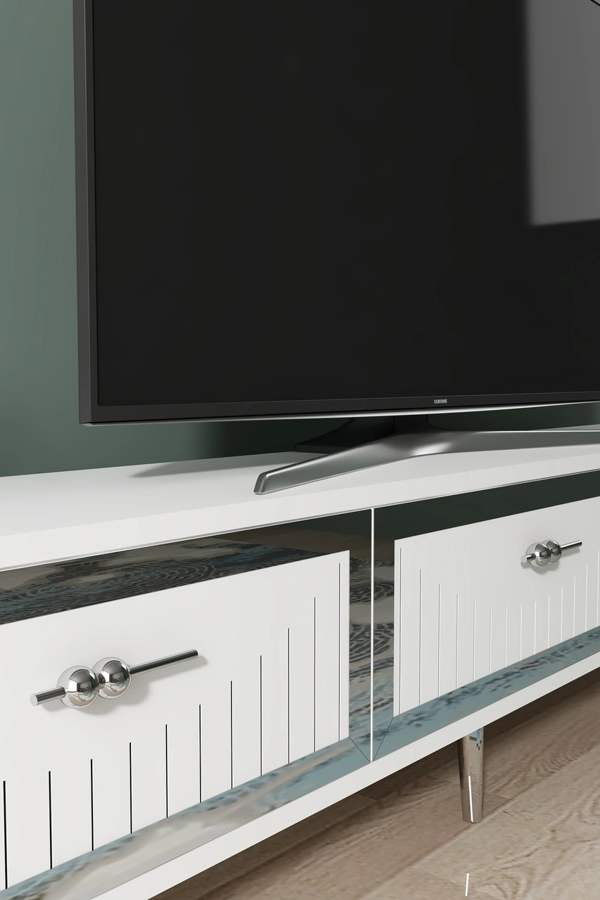 Tsa1802bs - Tuna Tv Stand, Tv Sehpası Beyaz-sılver 180cm Beyaz