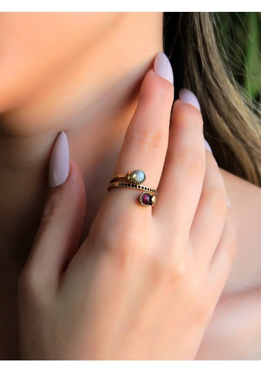 İkili 3mm Doğal Taşlı Antik Kadın Yüzük Dentirit Opal Granat Lal Taşı Euy32og Kırmızı