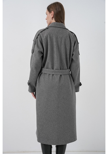 Kadın Kuşaklı Kaşe Kaban 9161 - Gri Gri