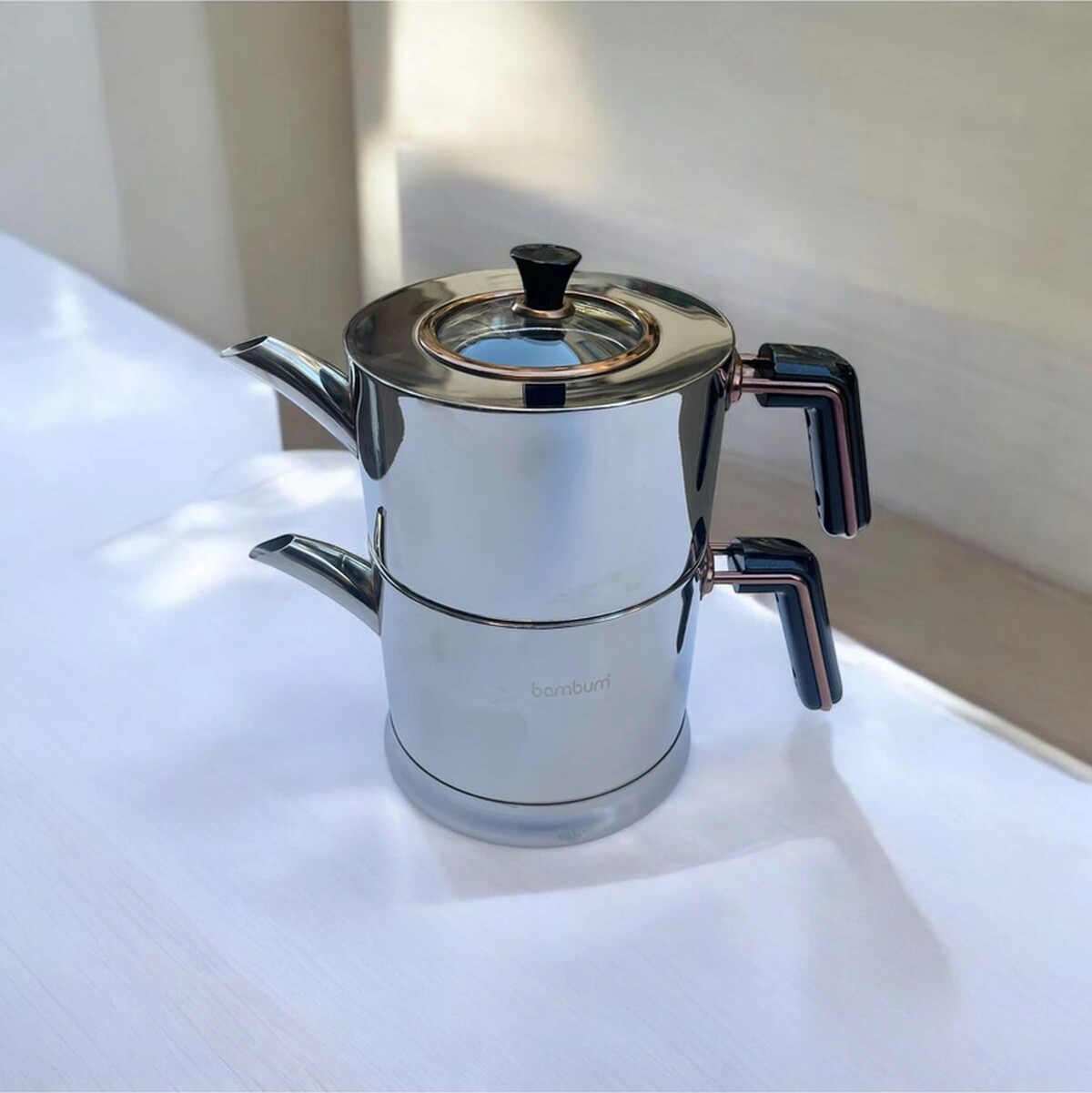 Bambum Fita Süzgeçli Aile Boy Çelik Çaydanlık Takımı Siyah Siyah