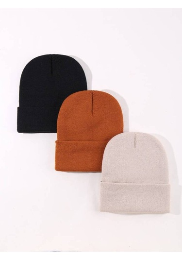 Eke Tekstil Unisex Katlamalı 3'lü Bere Seti Kiremit - Siyah - Taş Siyah - Kiremit