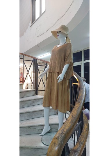 İtalyan Müslin Keteni Üstü File Bluzlu Astarlı Tek Parça Elbise Camel