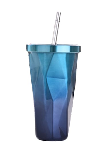 Honmex 500ml Çift Katlı Paslanmaz Çelik Termos Bardak, 6 Saat Isı Saklama, Damlacık Önleyici Kapak Ve Pipetli, Seyahat İçin Uygun Mavi Degrade Mavi