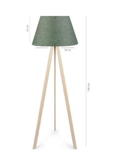Pratik Tripod Krem Ahşap Gövdeli Konik Haki Başlıklı Lambader Yeşil Köşe Lambası Yeşil