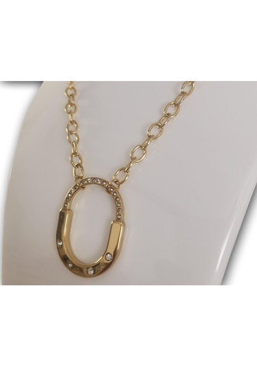 Uzel Çelik Taşlı Oval Model Şık Zarif Çelik Kolye Sarı