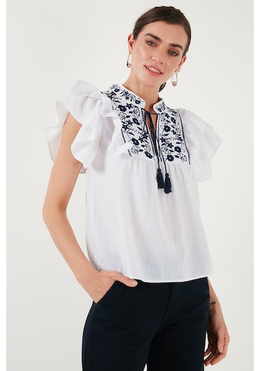 Lela Pamuklu Regular Fit Nakış Işlemeli Bayan Bluz 611Bz0253 Beyaz-Indigo