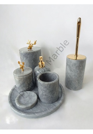 Gri Mermer Klasik Model 7 Parça Gold Renk Geyik Aksesuarlı Banyo Seti Gri