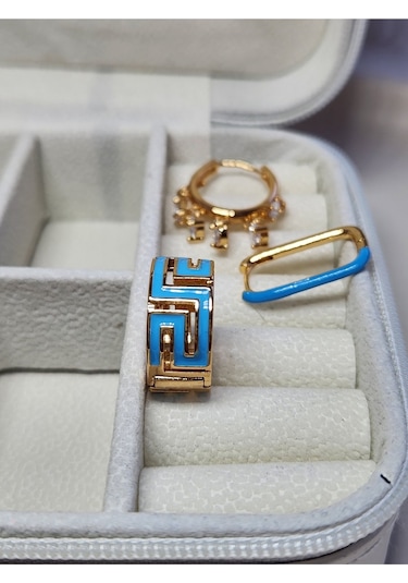 3'lü Mineli Mavi Halka Shakira Dikdörtgen Çelik Gold Küpe Seti Mavi