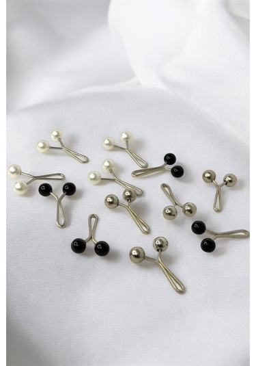 Eşarp Şal Klipsi 12 Adet Inci Model Klips 4 Beyaz - 4 Siyah - 4 Gümüş Kadın Tesettür Aksesuar Siyah - Beyaz - Gümüş