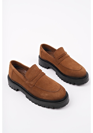 Muggo Paradise Hakiki Deri Kalın Taban Günlük Casual Makosen Kadın Loafer Ayakkabı Taba Süet