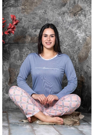 Lukitus Sıfır Yaka Uzun Kol Pamuk Kadın Pijama Takımı Mavi