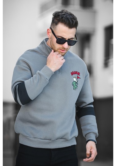 Babar Üç İplik Şardonlu Nakışlı Fermuarlı Dik Yaka Oversize Erkek Sweatshirt 001