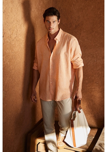 AC&Co / Altınyıldız Classics Erkek Turuncu Comfort Fit Rahat Kesim Düğmeli Yaka Keten Gömlek - Turuncu