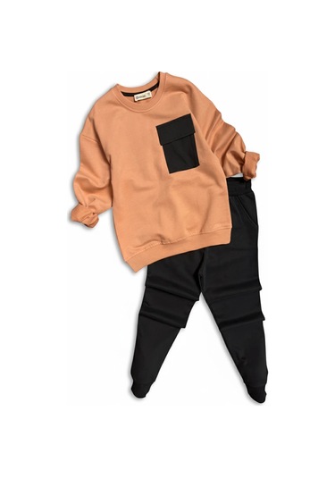 Cep Detaylı Erkek Çocuk Soft Turuncu Renk Eşofman Takım Turuncu