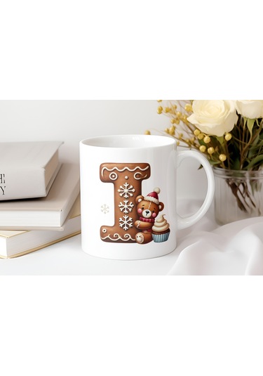 I Kurabiye Harf Ve Ayıcık Detaylı Kupa Bardak - Yeni Yıl / Yılbaşı Temalı Tasarım - Noel Hediye Beyaz