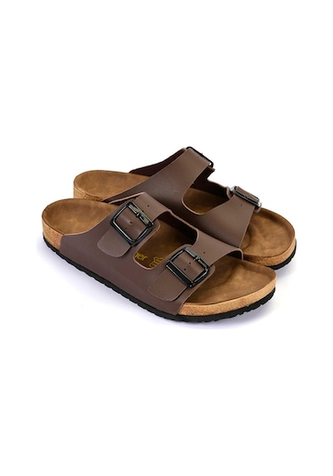 Slazenger Lens Erkek Kahve Cilt Çift Toka Günlük Terlik Kahverengi