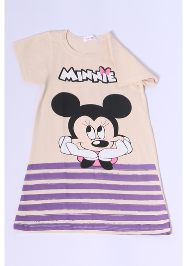 Kız Çocuk Elbise Karakter Baskılı Çizgili A25 Bej