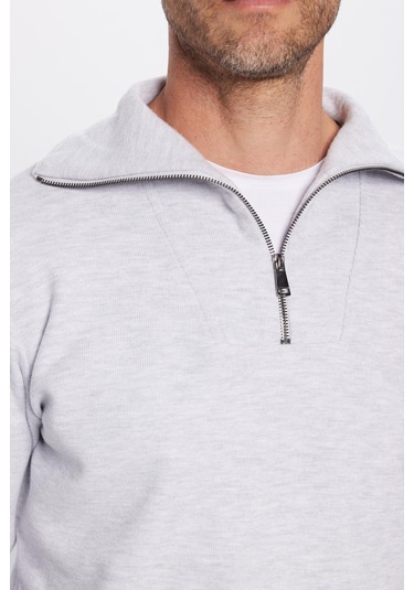 Unisex Relax Fit Rahat Kesim Fitilli Desenli Pamuklu Yarım Fermuarlı Gri Dik Yaka Sweatshirt-31991 Gri