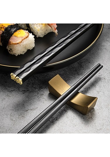 Mufunye Aile İçin Yenilikçi Japon Stili Dayanıklı Alyuminyum Çubuk Çatal, Tek Kişilik Hijyenik Kullanim, Yüksek Sıcaklığa Dayanır - Siyah Altın Desenli 5'li Paket Diğer