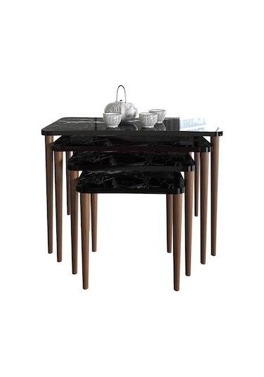 Selena 4Lü Zigon Sehpa Ahşap Ayaklı Salonseti Sehpası Siyah Mermer