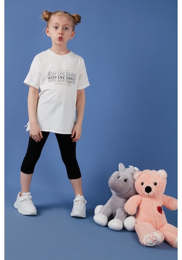 Lela Pamuklu Bisiklet Yaka Kısa Kollu Taytlı Alt-Üst Kız Çocuk Takım 6212007 Ekru