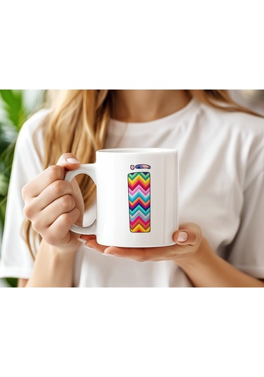 I / İ Harfi Renkli Zigzag Desenli Kupa Bardak - Afrika Tarz Etnik Tasarım Kupa - Kişiye Özel Beyaz