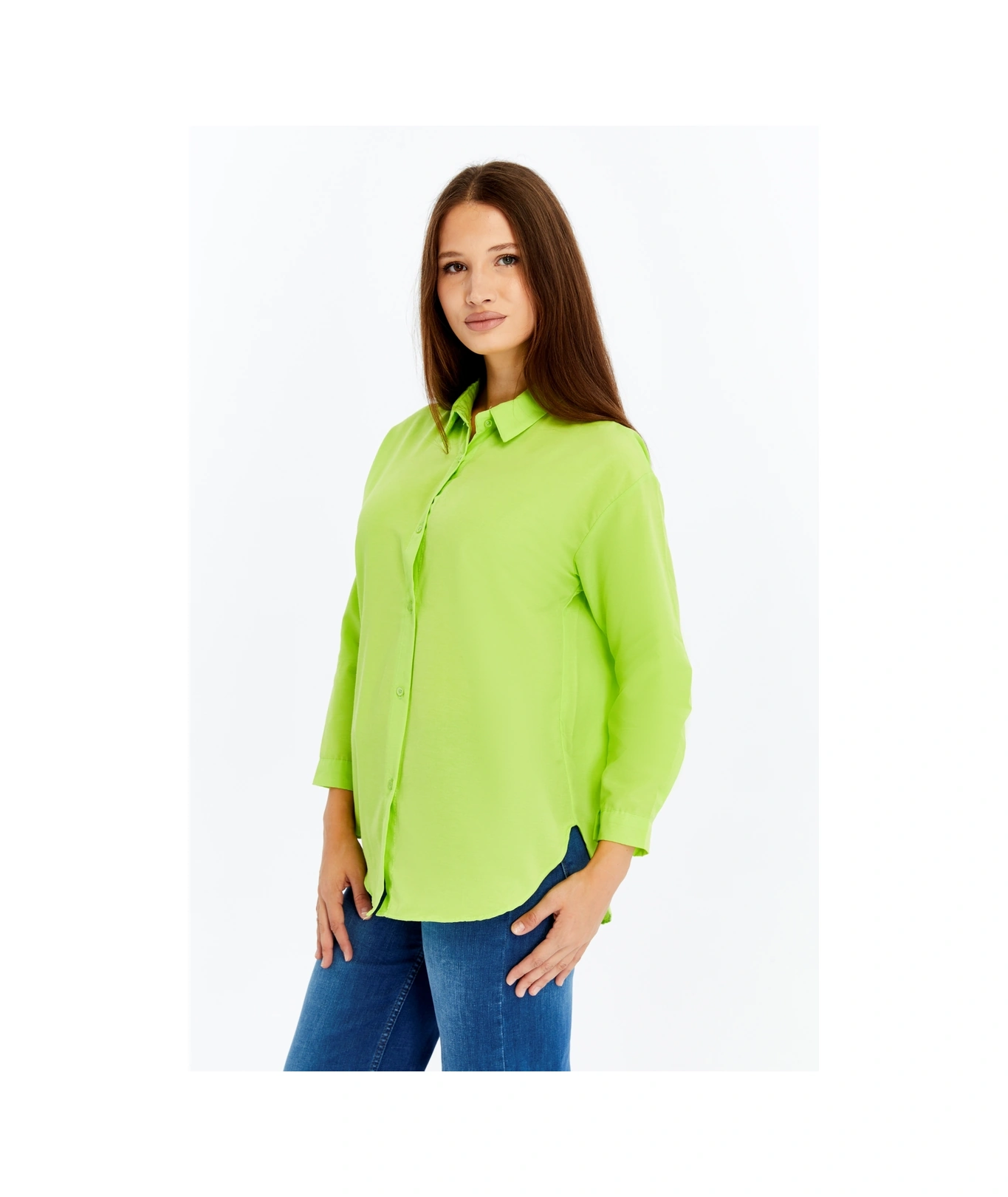 Kadın Uzun Kollu Düğmeli Basic Gömlek Yeşil Rahat Kalıp Günlük & Ofis Şıklığı Yeşil