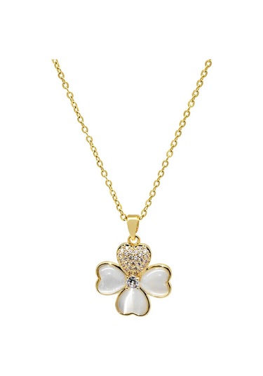 Gold Renk Beyaz Zirkon Taş Süslemeli Kalp Detaylı Yonca Yaprağı Tasarım Çelik Kadın Kolye