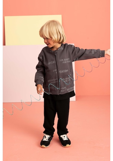Luess Erkek Çocuk Metraj Baskılı Pamuklu Hırka 3-4 Yaş 8-9 Yaş -Siyah