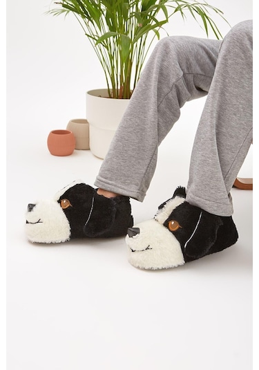 Siyah Hayvanlı Sessiz Taban Panduf Sevimli Köpek Figürlü Peluş Ev Ayakkabısı Siyah