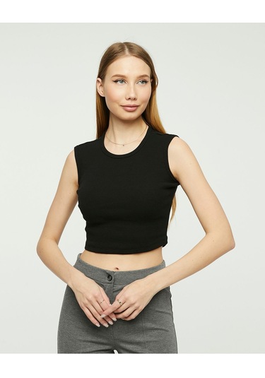 Bella Dossi Rahat Siyah Kaşkorse Kolsuz Sıfır Yaka Kadın Crop Top Siyah
