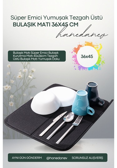 1 Adet Bulaşık Matı Süper Emici Bulaşık Kurutma Matı 45x36cm Tezgah Üstü Bulaşık Matı Yumuşak Doku Siyah