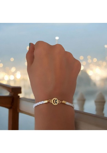 Archin Kanat Temalı Doğal Beyaz Derili Ay Motifli 14 Ayar Altın Plakalı Hediye Bileklik-477sembol Kanat