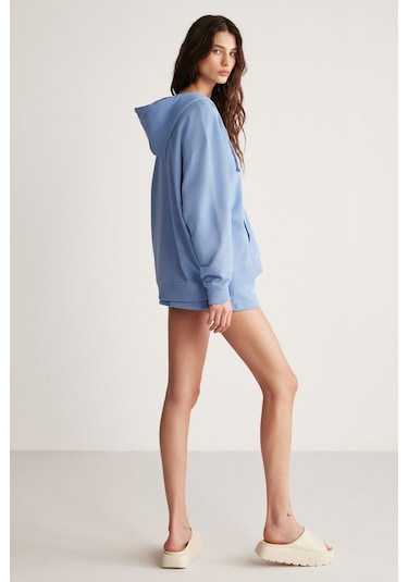 GRIMELANGE Ametıs Kadın Oversize Organik Pamuklu Metal Fermuarlı Kapüşonlu Mavi Sweatshirt Mavi