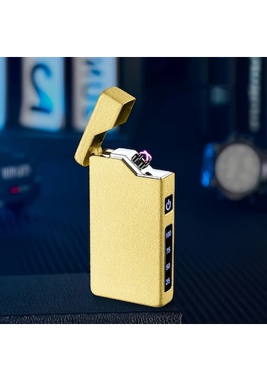 Techbloom Golden Frosted Rüzgar Geçirmez Çift Ark Çakmak Usb C Şarjlı Çakmak Maça Ası Tasarımı Kamp Hediye Altın