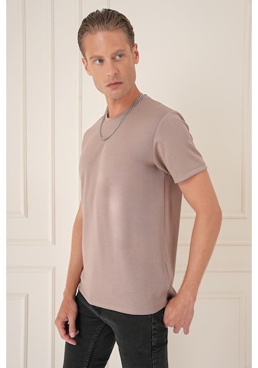 Comfort Fit Bisiklet Yaka Esnek Pamuk Casual Koyu Bej Tişört Ts 885 Bej