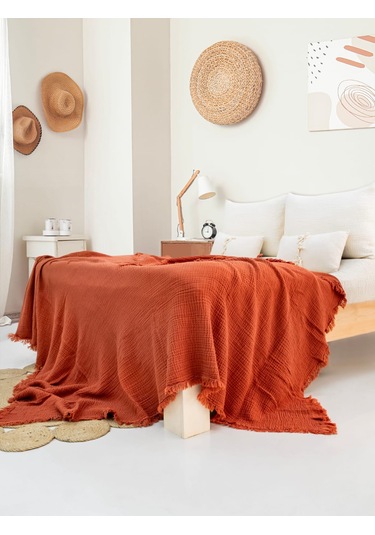 4 Katlı Müslin Yatak Örtüsü - Kiremit Renk Çift Kişilik Pike