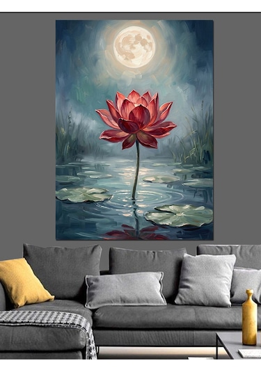 Ay Işığı Altında Lotus Çiçeği Dekoratif Kanvas - Mdf Ahşap Tablo