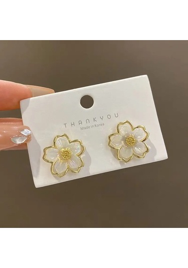 Guangtuo Kadınlar İçin Moda Beyaz Çiçek Saplama Küpe Rhinestone Takı Hediyeaçık Sarı Altın Renk Açık Sarı Altın Renk