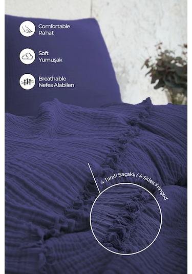 %100 Pamuk Müslin Yatak Örtüsü Tek Kişilik 4 Katlı Battaniye 2 Parça Müslin Pike Seti Lacivert Lacivert